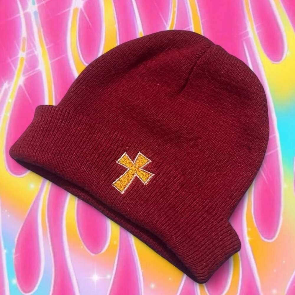 Y2K Gothic Grunge Burgundy Beanie with Gold Embroidered Cross